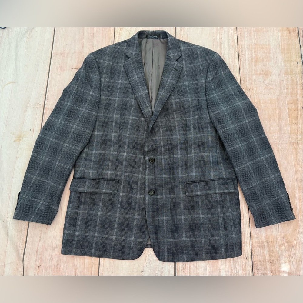 Ralph Lauren Mens 46L Grey Blue Wool Windowpane Plaid Blazer Sport Coat Jacket